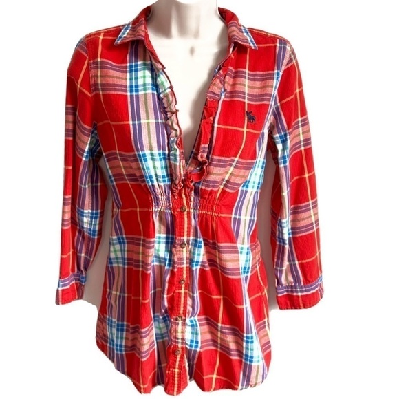 A&F women’s red plaid ruffle accent button down top medium - Picture 1 of 10